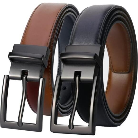 Reversible Mens Leather Belt Black Brown Italian Dress Casual Trim to Fit - Picture 1 of 7